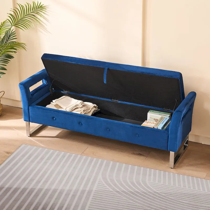 Banc de rangement en velours avec accoudoirs, assise en mousse, cadre en bois, plusieurs options de couleurs