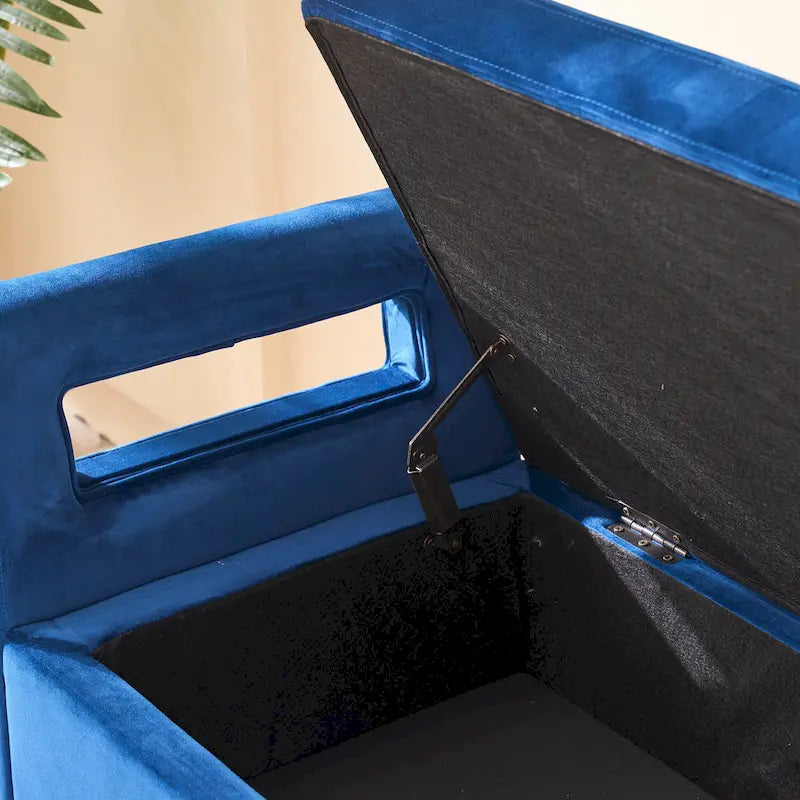 Banc de rangement en velours avec accoudoirs, assise en mousse, cadre en bois, plusieurs options de couleurs
