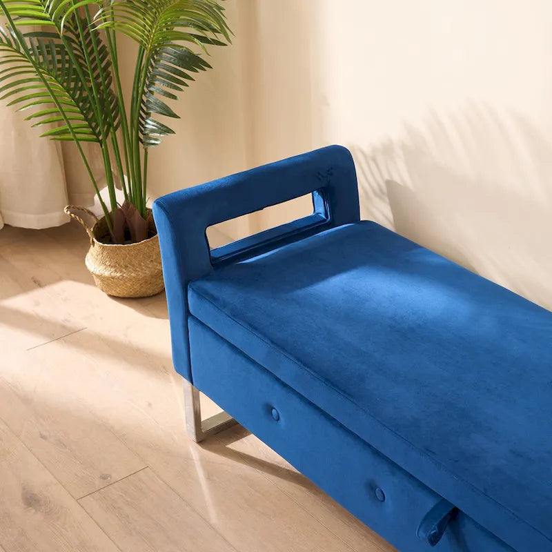 Banc de rangement en velours avec accoudoirs, assise en mousse, cadre en bois, plusieurs options de couleurs