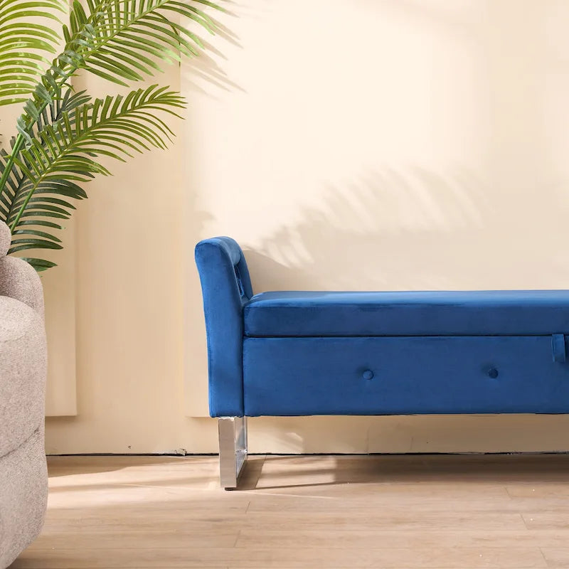 Banc de rangement en velours avec accoudoirs, assise en mousse, cadre en bois, plusieurs options de couleurs