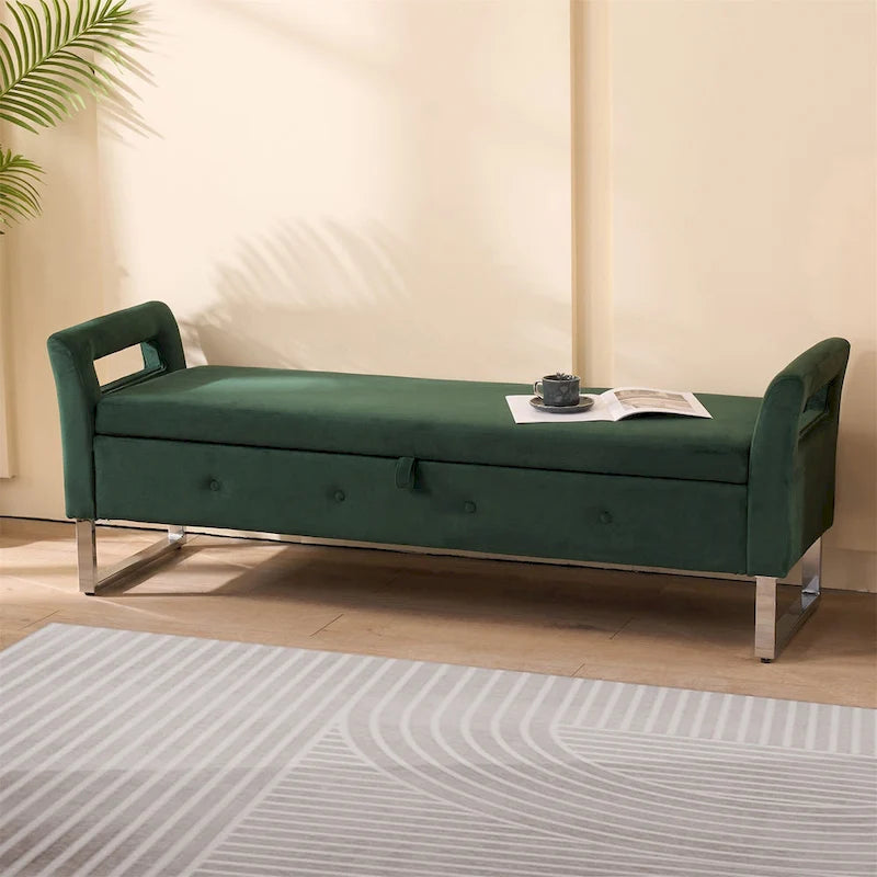Banc de rangement en velours avec accoudoirs, assise en mousse, cadre en bois, plusieurs options de couleurs