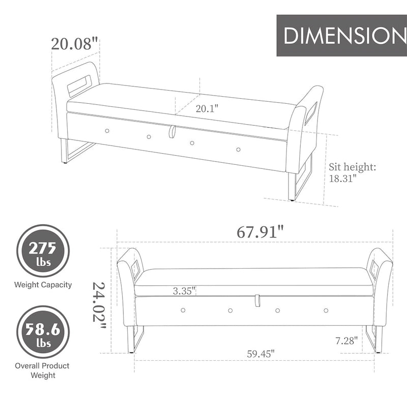 Banc de rangement en velours avec accoudoirs, assise en mousse, cadre en bois, plusieurs options de couleurs