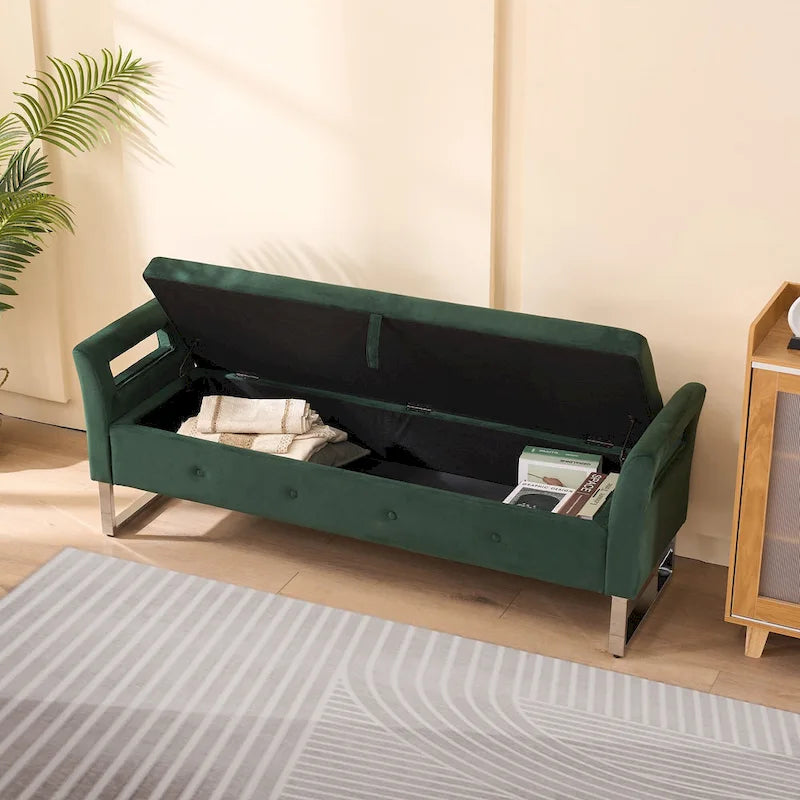 Banc de rangement en velours avec accoudoirs, assise en mousse, cadre en bois, plusieurs options de couleurs