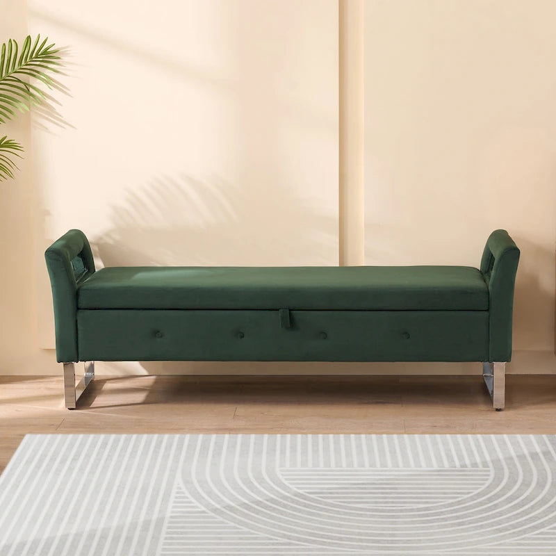 Banc de rangement en velours avec accoudoirs, assise en mousse, cadre en bois, plusieurs options de couleurs