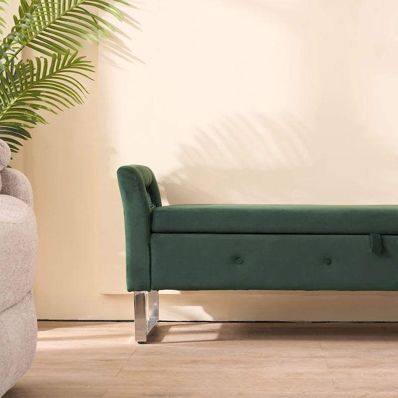 Banc de rangement en velours avec accoudoirs, assise en mousse, cadre en bois, plusieurs options de couleurs