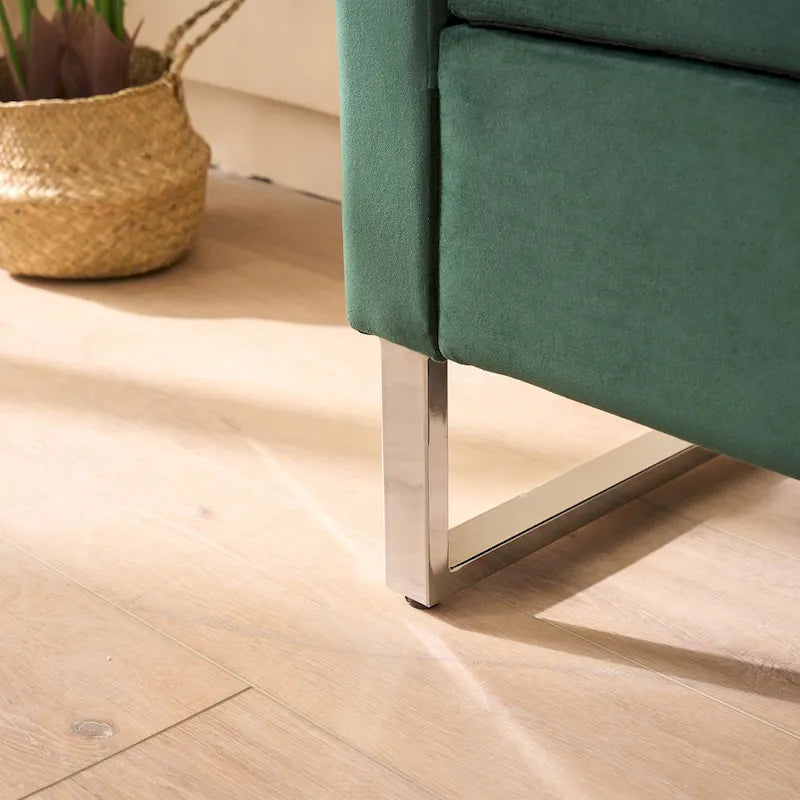 Banc de rangement en velours avec accoudoirs, assise en mousse, cadre en bois, plusieurs options de couleurs