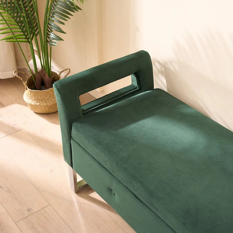Banc de rangement en velours avec accoudoirs, assise en mousse, cadre en bois, plusieurs options de couleurs