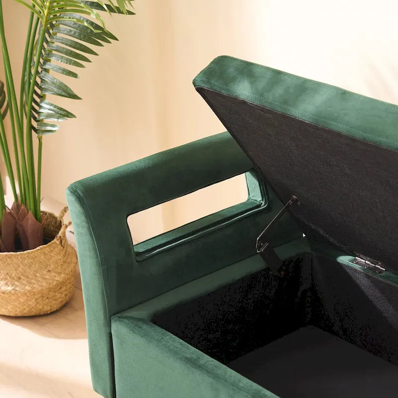 Banc de rangement en velours avec accoudoirs, assise en mousse, cadre en bois, plusieurs options de couleurs