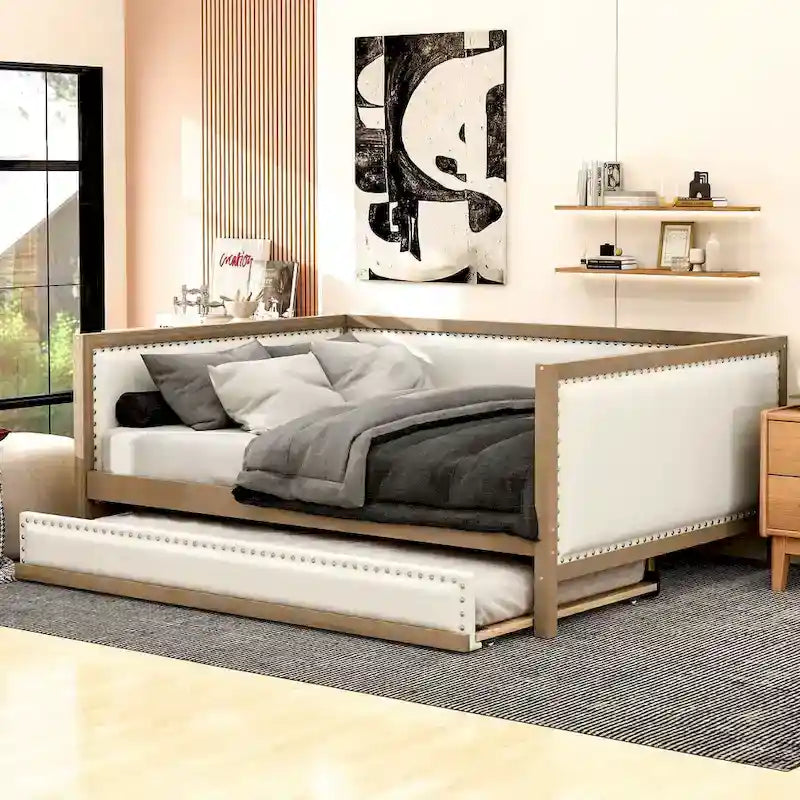 Wood Full Size Upholstered Daybed with Trundle and Nailhead Decor
