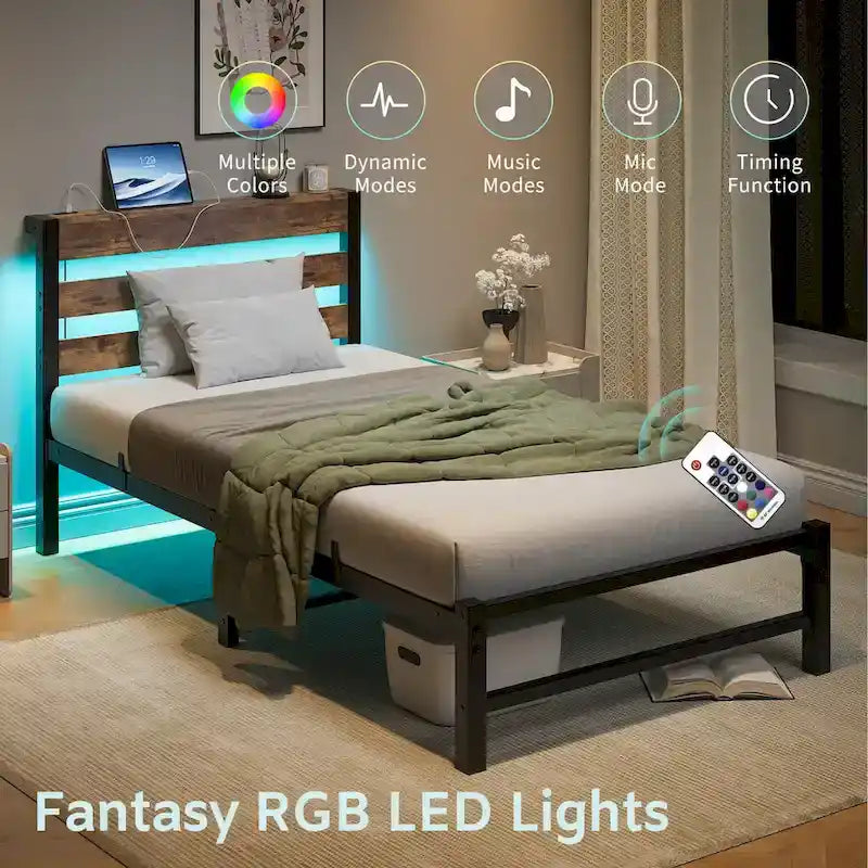 Cadre de lit double en métal avec tête de lit en bois, lumières RVB et rangement avec chargement USB