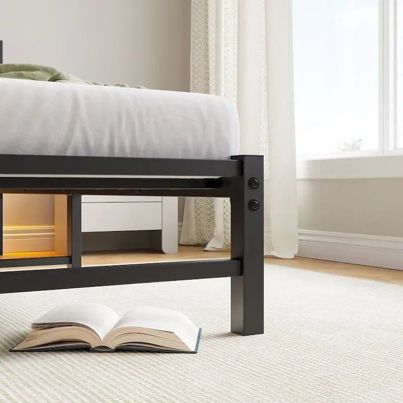 Cadre de lit double en métal avec tête de lit en bois, lumières RVB et rangement avec chargement USB