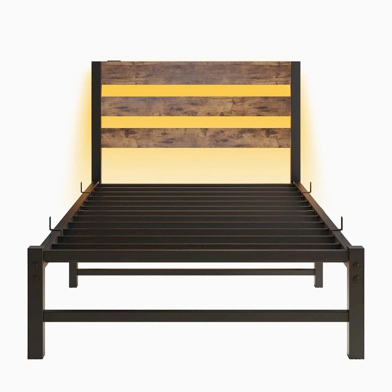 Cadre de lit double en métal avec tête de lit en bois, lumières RVB et rangement avec chargement USB