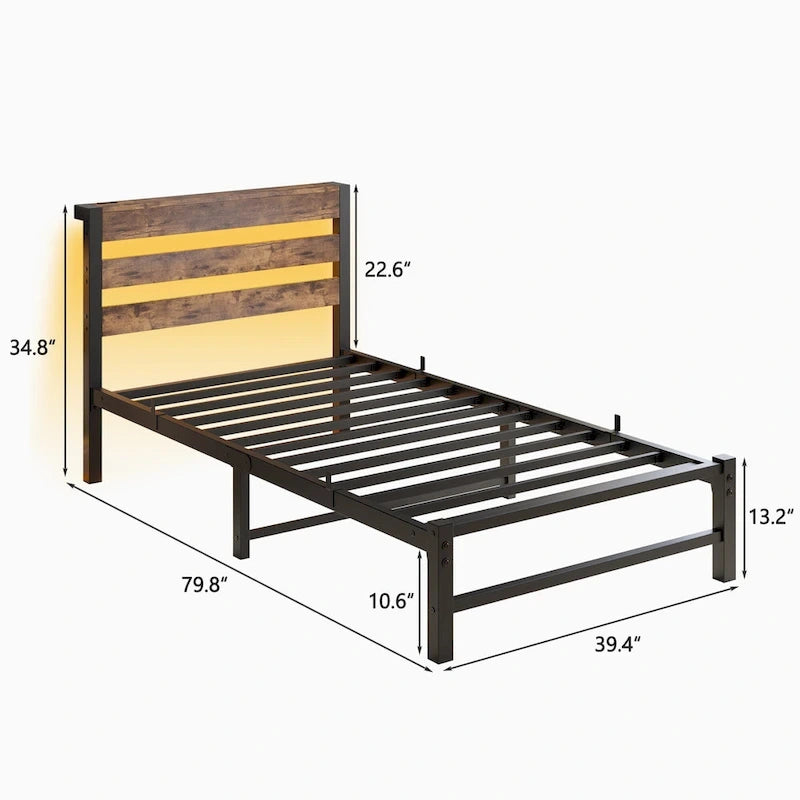Cadre de lit double en métal avec tête de lit en bois, lumières RVB et rangement avec chargement USB