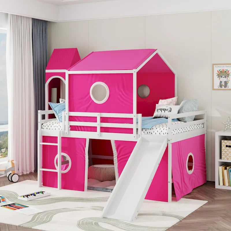 Kids Castle Loft Bed with Slide Tower Tent Ladder Fence Pink Blue