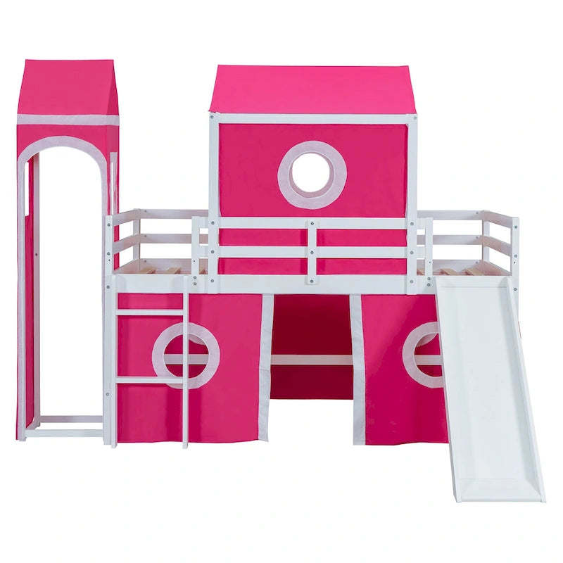 Kids Castle Loft Bed with Slide Tower Tent Ladder Fence Pink Blue