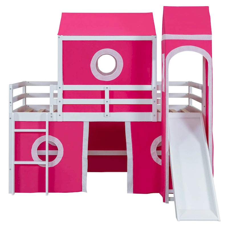 Kids Castle Loft Bed with Slide Tower Tent Ladder Fence Pink Blue