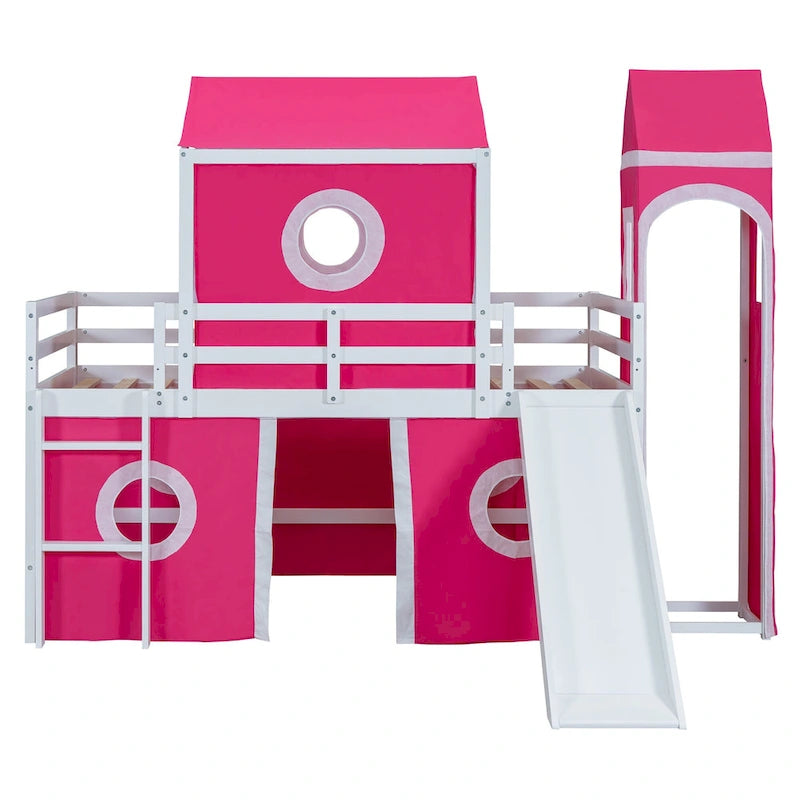 Kids Castle Loft Bed with Slide Tower Tent Ladder Fence Pink Blue