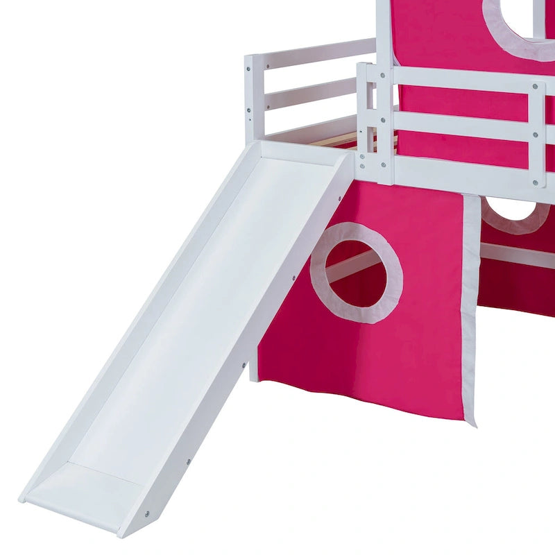 Lit mezzanine Château pour enfants avec toboggan, tente, échelle, barrière rose et bleu