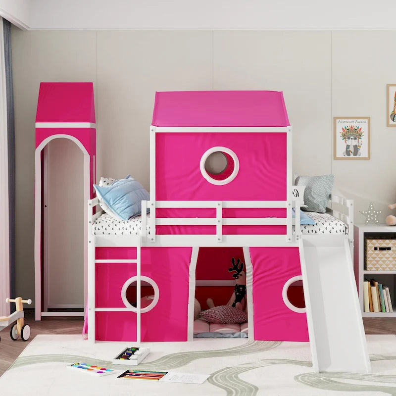 Kids Castle Loft Bed with Slide Tower Tent Ladder Fence Pink Blue