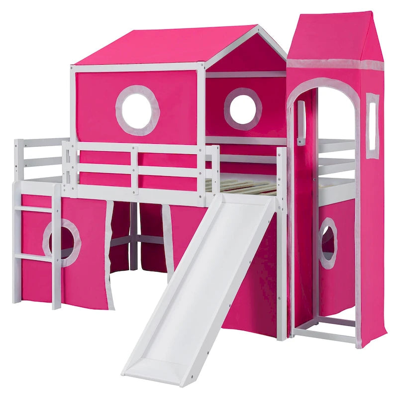 Lit mezzanine Château pour enfants avec toboggan, tente, échelle, barrière rose et bleu