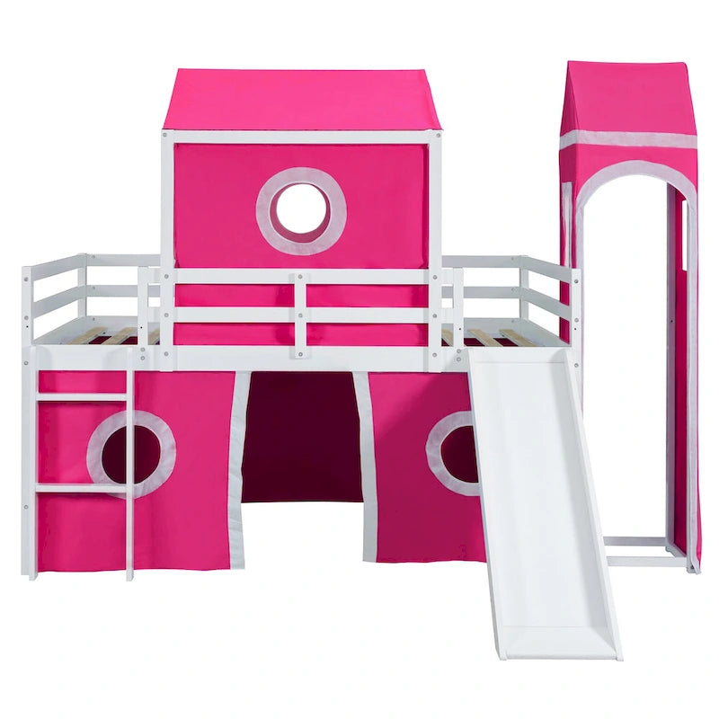 Lit mezzanine Château pour enfants avec toboggan, tente, échelle, barrière rose et bleu