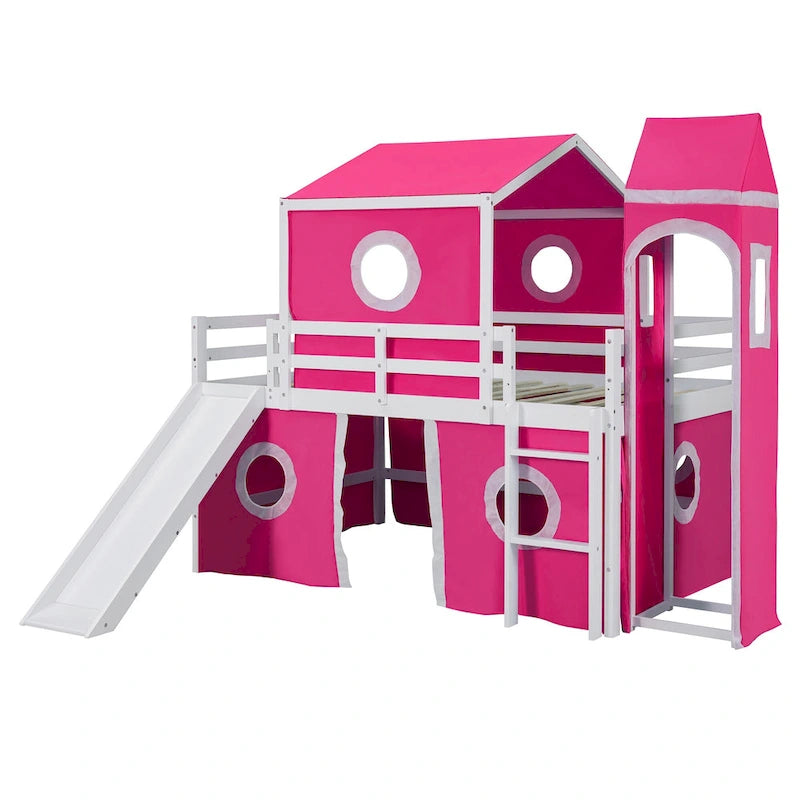 Lit mezzanine Château pour enfants avec toboggan, tente, échelle, barrière rose et bleu