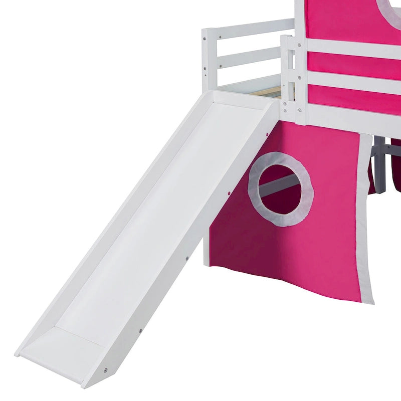 Lit mezzanine Château pour enfants avec toboggan, tente, échelle, barrière rose et bleu