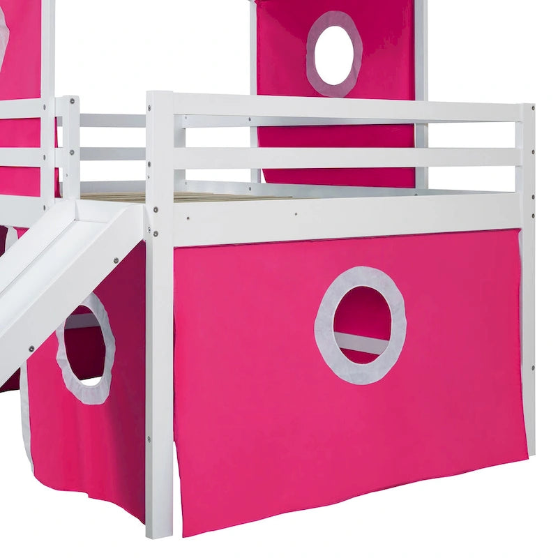 Lit mezzanine Château pour enfants avec toboggan, tente, échelle, barrière rose et bleu