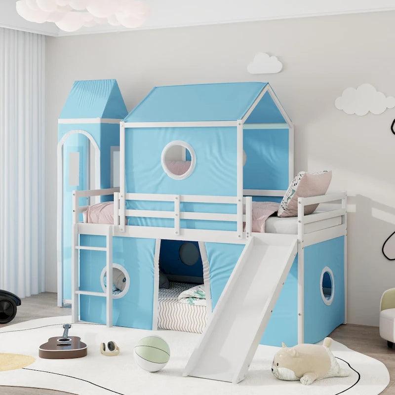 Lit mezzanine Château pour enfants avec toboggan, tente, échelle, barrière rose et bleu