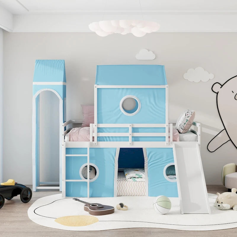 Lit mezzanine Château pour enfants avec toboggan, tente, échelle, barrière rose et bleu