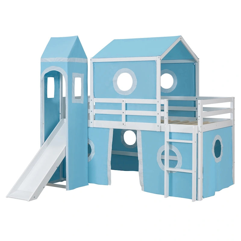 Lit mezzanine Château pour enfants avec toboggan, tente, échelle, barrière rose et bleu