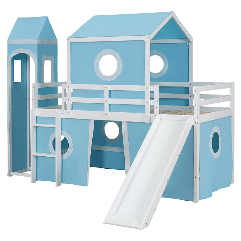Lit mezzanine Château pour enfants avec toboggan, tente, échelle, barrière rose et bleu