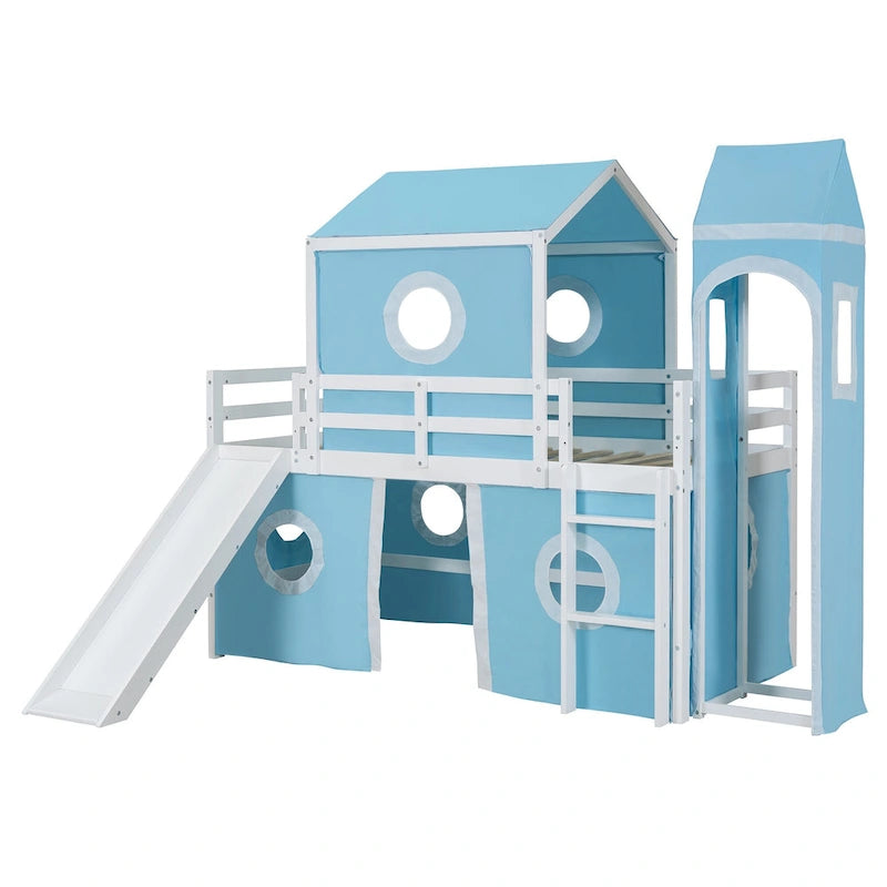 Lit mezzanine Château pour enfants avec toboggan, tente, échelle, barrière rose et bleu