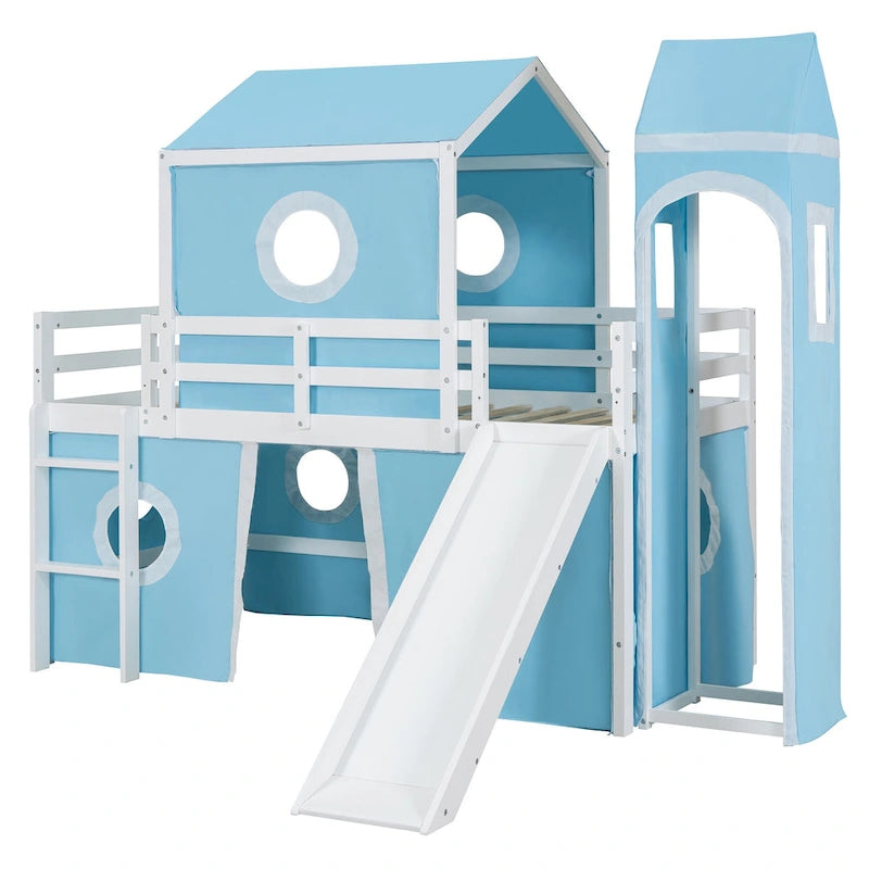 Lit mezzanine Château pour enfants avec toboggan, tente, échelle, barrière rose et bleu
