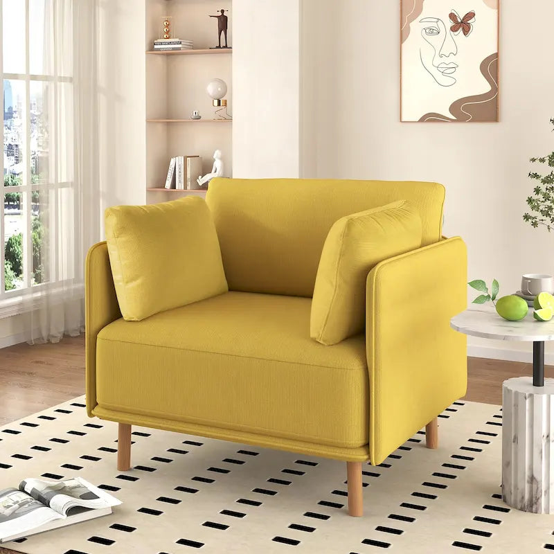 Fauteuil d'appoint rembourré à assise large avec pieds en bois massif et coussin lombaire