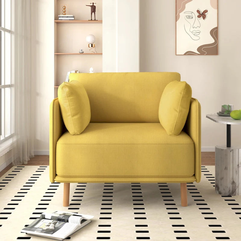 Fauteuil d'appoint rembourré à assise large avec pieds en bois massif et coussin lombaire