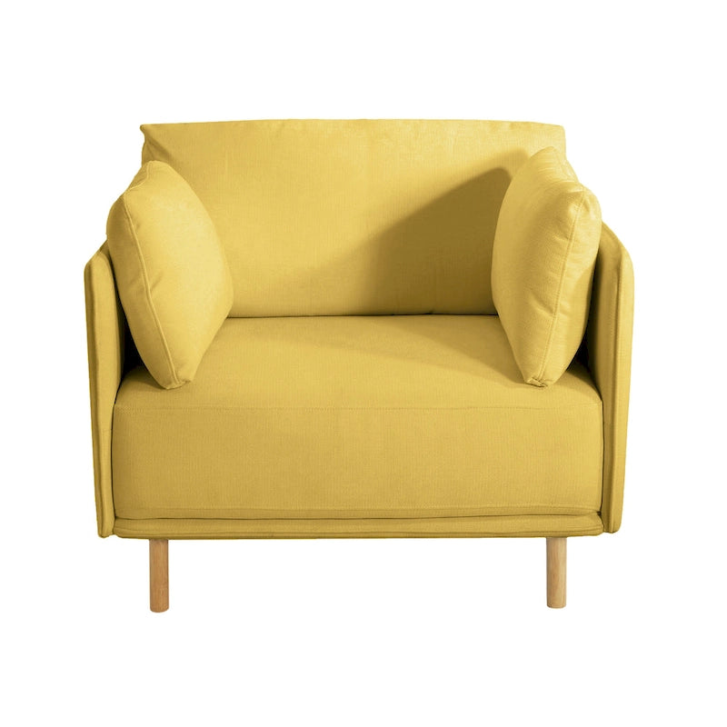 Fauteuil d'appoint rembourré à assise large avec pieds en bois massif et coussin lombaire