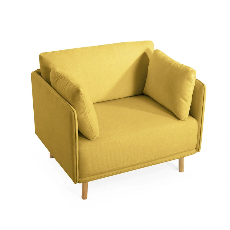 Fauteuil d'appoint rembourré à assise large avec pieds en bois massif et coussin lombaire