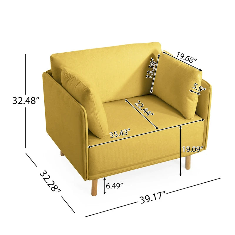 Fauteuil d'appoint rembourré à assise large avec pieds en bois massif et coussin lombaire