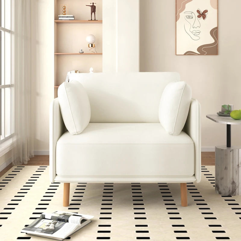 Fauteuil d'appoint rembourré à assise large avec pieds en bois massif et coussin lombaire