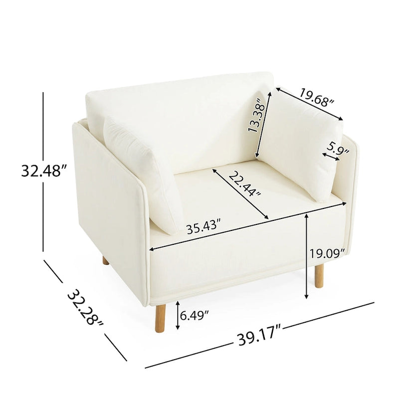 Fauteuil d'appoint rembourré à assise large avec pieds en bois massif et coussin lombaire