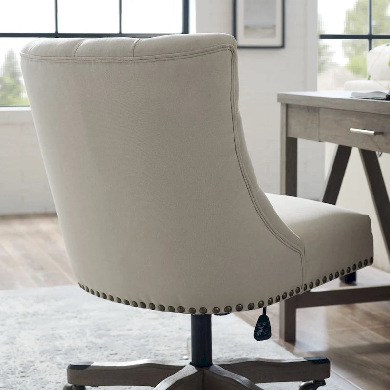 Chaise de bureau capitonnée réglable en peluche avec base en bois, beige