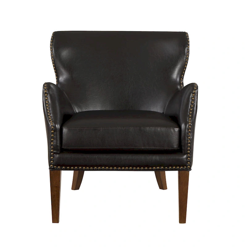 Fauteuil d'appoint à accoudoirs inclinés et hauts pieds en similicuir avec clous décoratifs