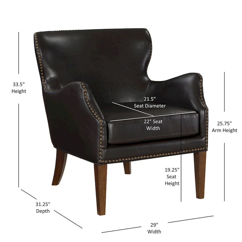 Fauteuil d'appoint à accoudoirs inclinés et hauts pieds en similicuir avec clous décoratifs