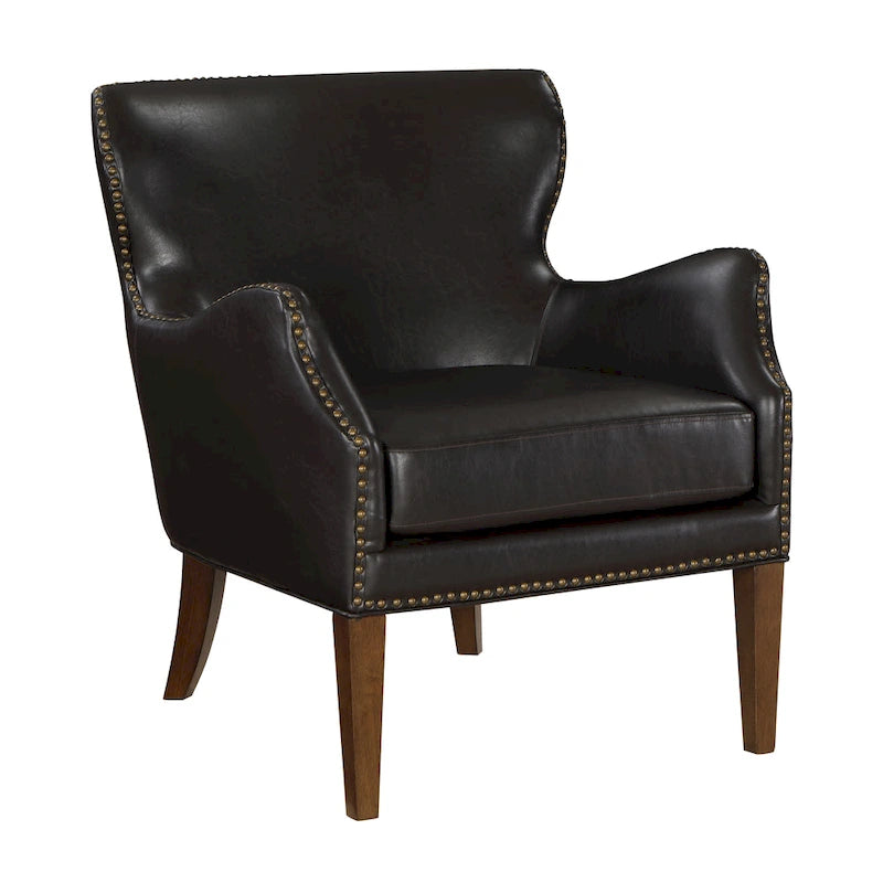 Fauteuil d'appoint à accoudoirs inclinés et hauts pieds en similicuir avec clous décoratifs