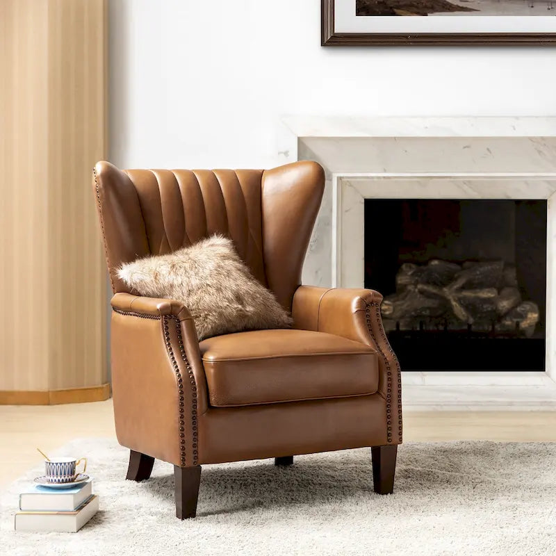 Fauteuil club chesterfield en cuir véritable avec clous, pieds en bois fuselés, marron