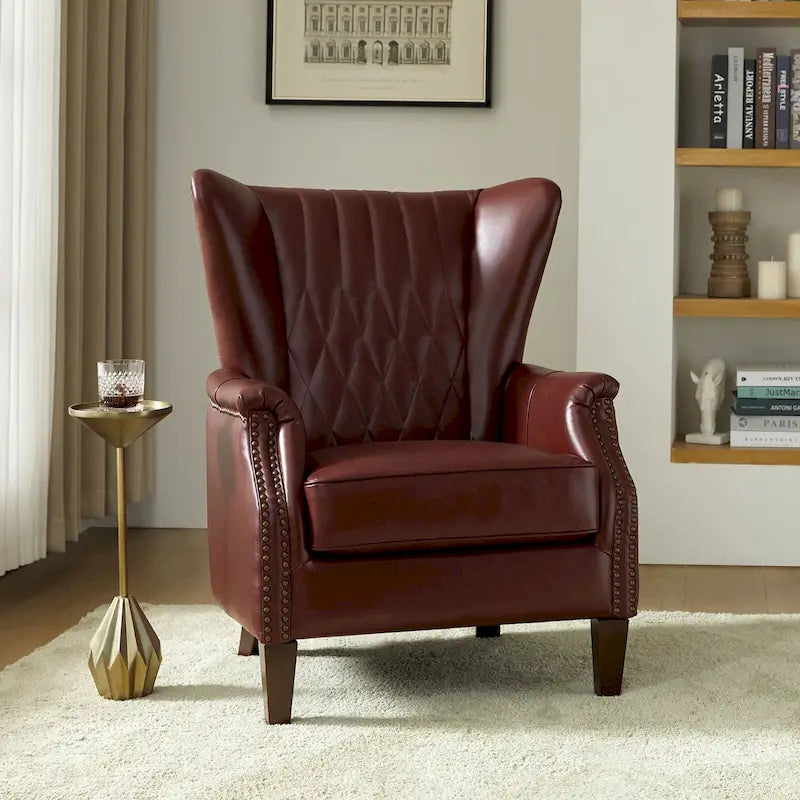 Fauteuil club chesterfield en cuir véritable avec clous, pieds en bois fuselés, marron