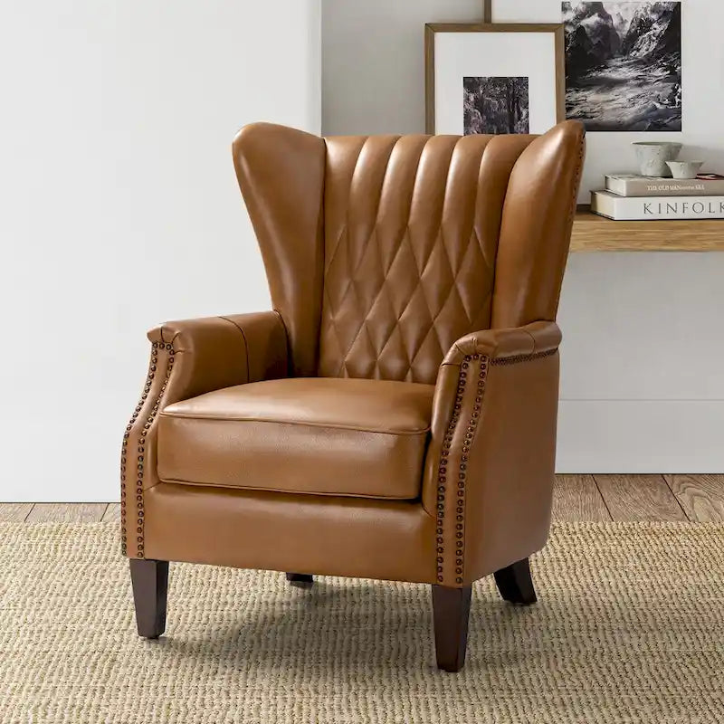 Fauteuil club chesterfield en cuir véritable avec clous, pieds en bois fuselés, marron