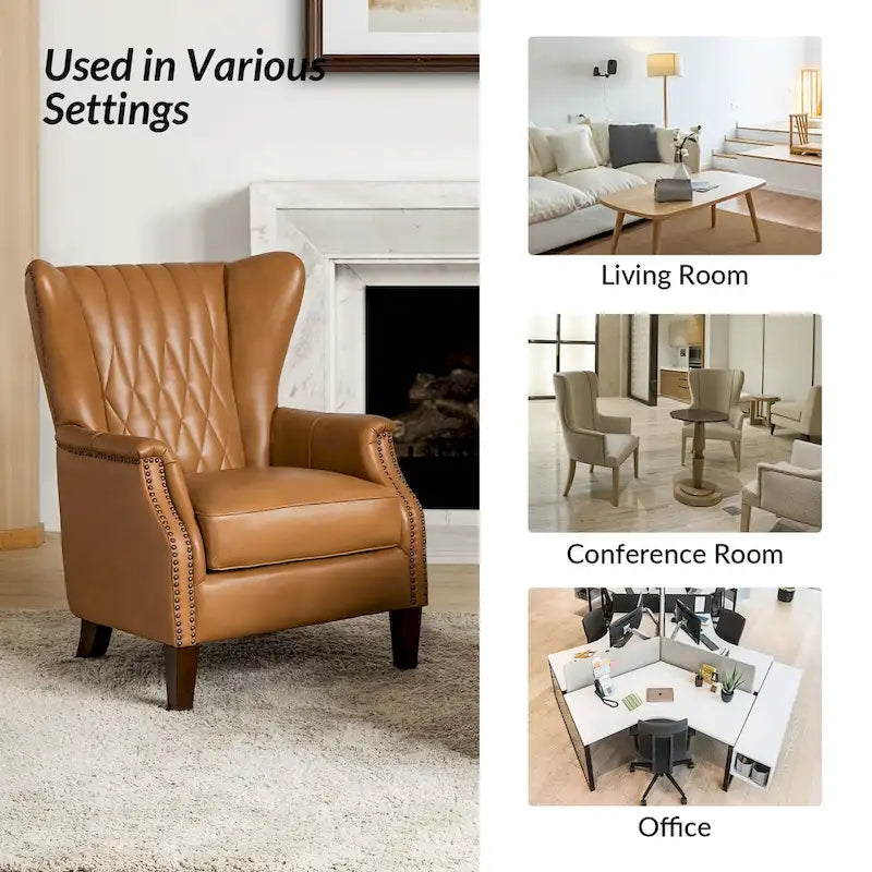 Fauteuil club chesterfield en cuir véritable avec clous, pieds en bois fuselés, marron