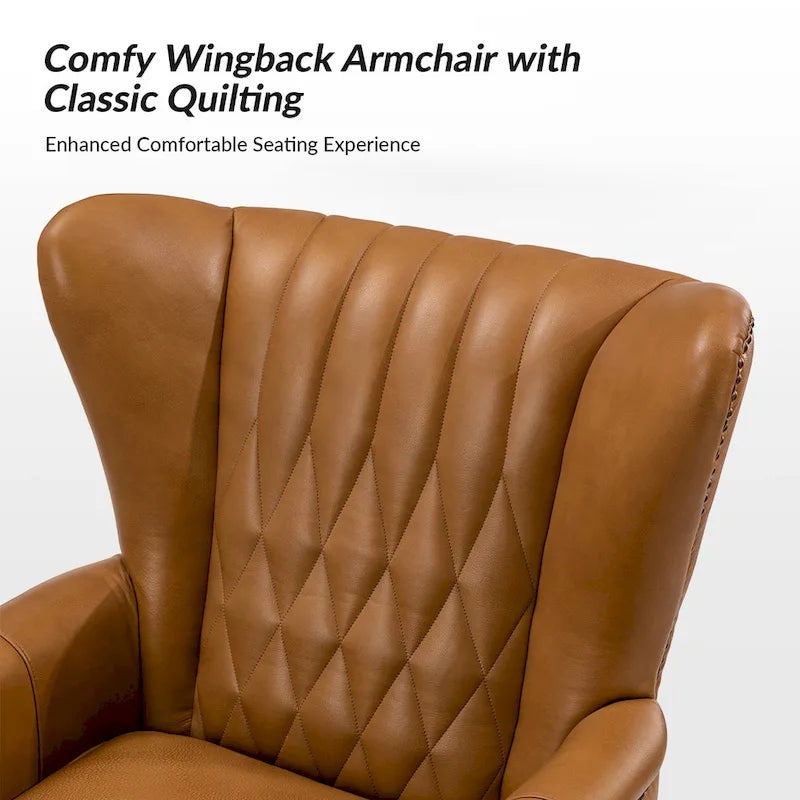 Fauteuil club chesterfield en cuir véritable avec clous, pieds en bois fuselés, marron